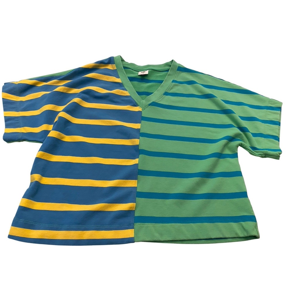 Cabi Short Sleeve V-Neck Top Medium Striped Green Blue Yellow French Terry